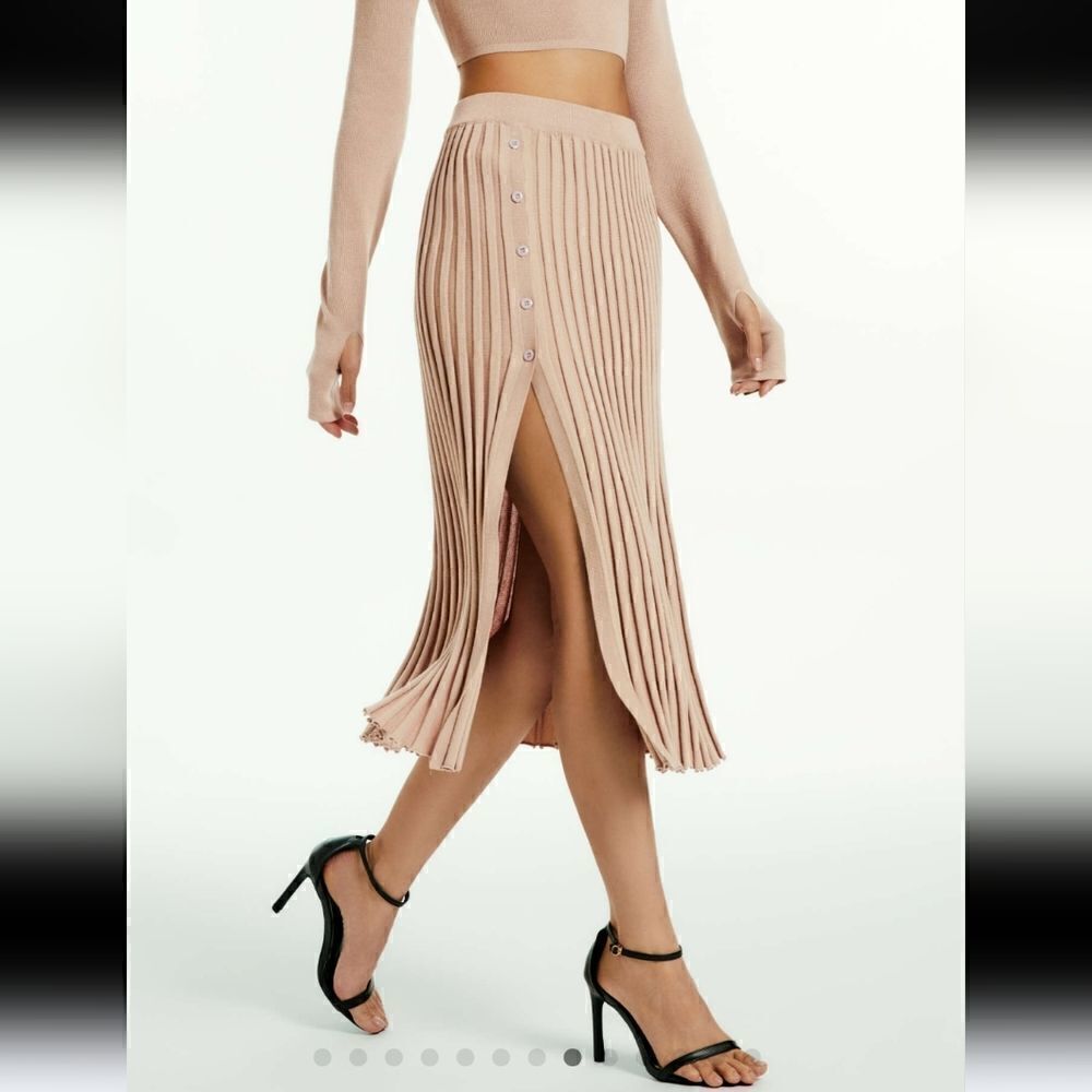 Cider Tan Pleated‎ Split Knitted Midi Skirt Size XS, Knit, Stretchy